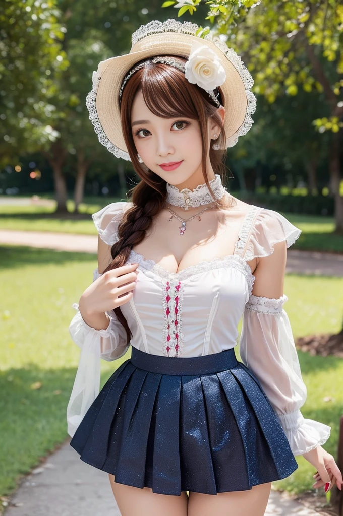 (nsfw), sexy stylish Thai model, only 1 female, ((doll-like appearance)), short Auburn stylish hair, ((shiny Victorian-Style boots)), (big smile), ultra detailed eyes, vivid eye makeup, lipgloss, long lashes, defined eyebrows, ((sexy Paradise Kiss cosplay)), bell-shaped skirt, petticoats, high neckline, puffed sleeves, ((ultra detailed lace)), ((ultra detailed embroidery)), intricate details, Paradise Kiss accessoires and matching headpiece, choker, ((large sparkling Paradise Kiss jewelry)), cinematic light, detailed large park background with trees