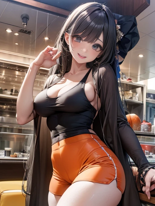(highest quality:1.2), (Beautiful details:1.2),(Detailed eyes and skin), (Detailed facial features), Hmph, Perfect Style, Beautiful Face, Anatomically correct, Highly detailed face and skin texture, Shiny skin, shi_yuzuriha, break (One girl:1.3), (alone), (Supermodel:1.2), Perfect Eyes, Symmetrical eyes, (Dramatic makeup: 1.3), (Heavy makeup: 1.3), (restaurant, waitress, Are standing, Holding a tray:1.2), (Tight fitting clothes:1.2), (Tighk top:1.5), (Wearing a white tank top over a naked body:1.2)re Tangerine Orange Yoga Shorts:1.5), (Wear tangerine yoga shorts over pantyhose),(Owl printank top), (Planking neckline:1.2), Bare shoulders, (Perfect hands:1.2), (Molle Hand:1.2), Beautiful thighs, Highly detailed thighs, break (whole body:1.5), Fantastic and Hooters, Vibrant, Highly detailed background, (Hooters:1.3),Camel Toe、Giant tit、Nipplleavage、Plump、Su bigts、Supeg buttect large nipples、Laright clothing、