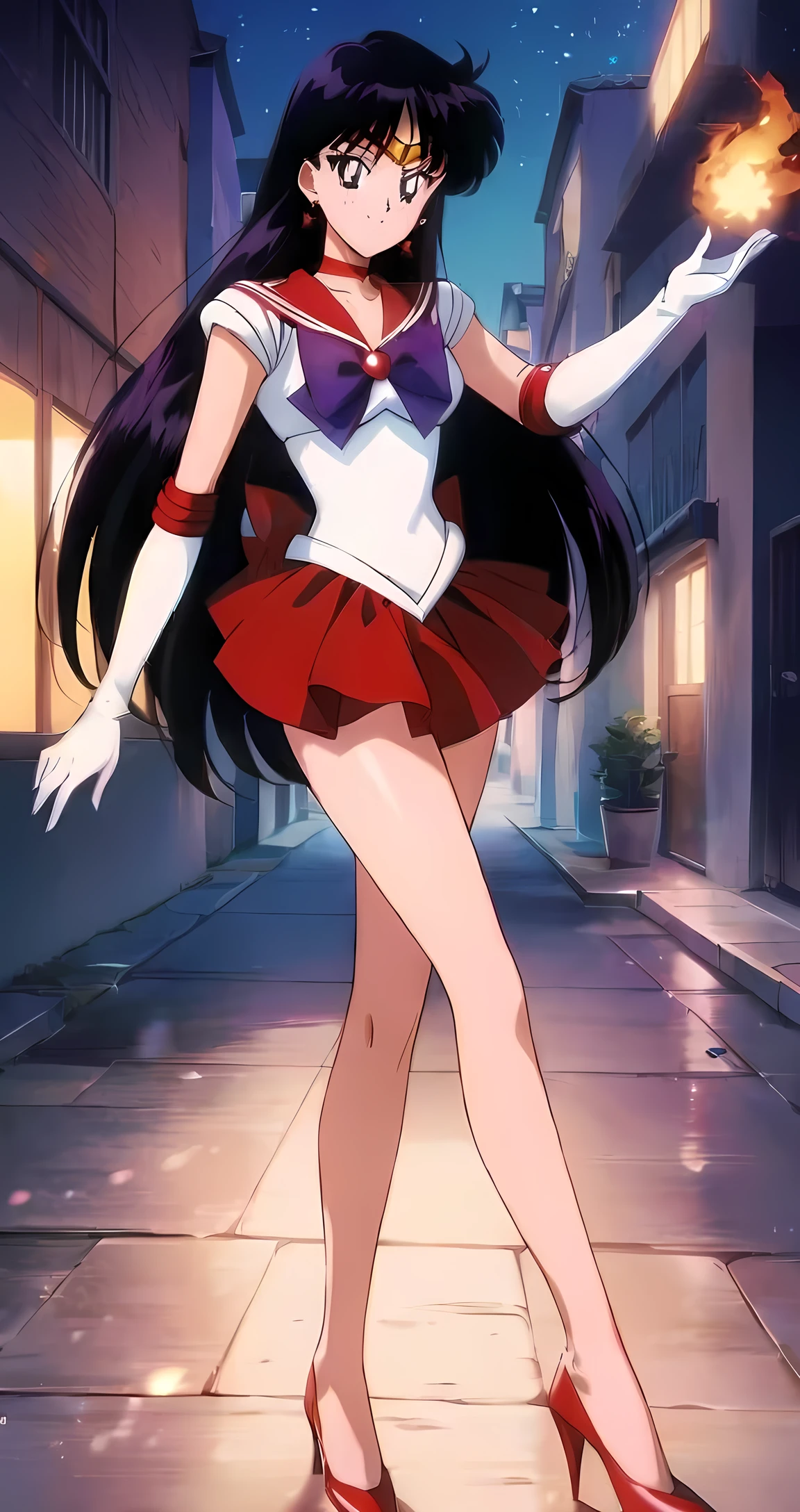 The hands are in normal position and not be deformed. The illustration is in the best quality and 1990s anime style. A beautiful young woman Sailor Mars  with long black hair, blue eyes, and a slim figure. She is wearing a sailor mars suit with a purple bow in the front. She also has a red choker. She's winks with one eye. She is strong, determined, kind, and cute. the character's details will be visible and best in the picture. She is in close up shot. the background is at the sunset. The her's face expression will be happy and smile mood with opened mouth. 