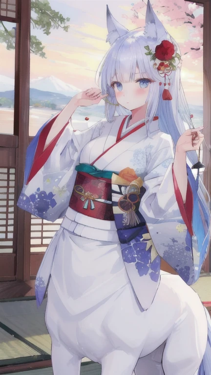 (best quality, masterpiece), 1 girl, centaur, It takes, White skin, kimono, Japanese queen, navel, 아름다운 소녀 perfect wolf photo, perfect wolf photo