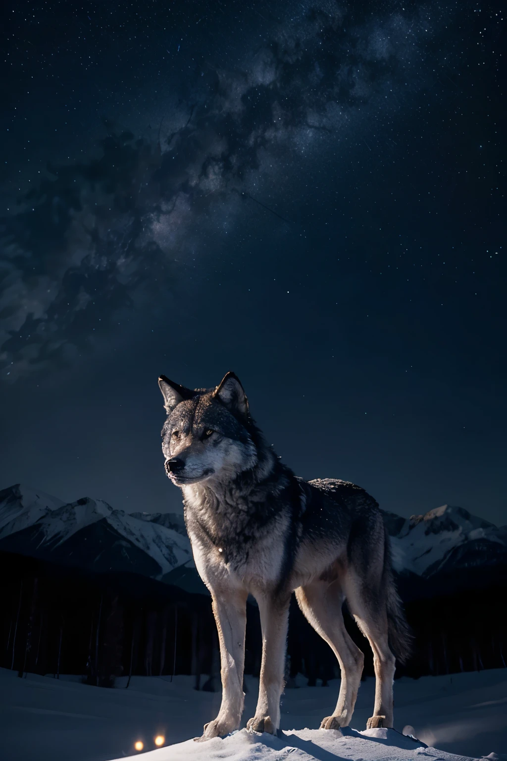 Create the image of a wolf with the background in a starry sky and with the number 308