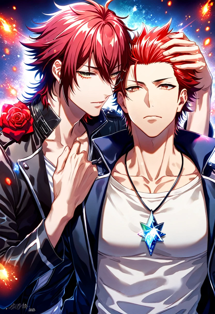 (absurdres, highres, ultra detailed, HDR) master piece, best quality, Suoh Mikoto, red hair, hair is kept short, ruffled, slicked back and spiked, with two strands of hair near the opposite sides of his head falling over his face, expressive amber eyes, black leather jacket with a black fur collar, a white V-neck shirt underneath, silver star-shaped necklace, K Project, Reiki, red hair, with bangs, expressive amber eyes, two sexy men together, gay couple, yaoi, handsome, toned chest, black leather jacket, magical fantasy, glittering, sparkling, red roses, radiant, red sparkling fireflies, flames