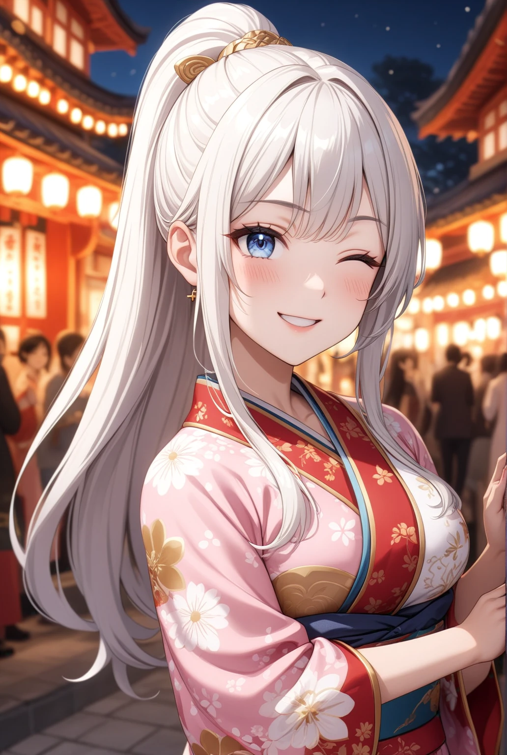 ((one personの女性)), Beautiful Face,Laughing embarrassedly,((Wink:1.8)),Laughing with your mouth open,Bright red cheeks,Glossy pink lips,night,Festival stalls on the riverbank,firework,((Anime style background)),masterpiece, highest quality, so beautiful, Latest, Complex details, (Pink long nails),AI-generated, Complex,High resolution, highest quality, super high quality,3D Images、View your viewers、3D Images,one person,Long white hair,High Ponytail,blue eyes,Anime woman posing for a photo, ((Fine grain、Colorful eyes、Shining Eyes:1.1)),(Squint your eyes:1.1),a hyperRealistic , hyperRealistic , Realistic,Anime woman with long and white hair, Smooth anime CG art, A woman in a colorful kimono with gold embroidery, (White kimono),Red floral pattern,Long flower hair ornament,Big earrings,Mature Body,(Big Breasts:1.2),Tall,Big Ass,Fine details,Narrow waist,(Face close-up:1.5),Diagonal Background,(Wave to greet)
