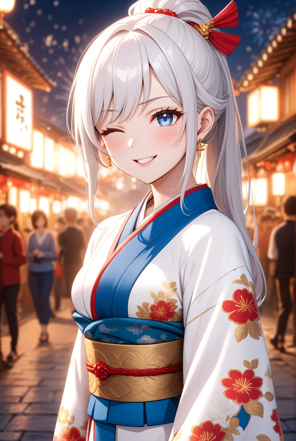 ((one personの女性)), Beautiful Face,Happy expression,Laugh embarrassedly,((Wink:2.0)),turn bright red,Glossy pink lips,French Nails,night,Shrine festival sexpensives,firework, ((Anime style background)),masterpiece, highest quality, so beautiful, Latest, Complex details, (Pink long nails),AI-generated, Complex,High resolution, highest quality, super high quality,3D Images、View your viewers、3D Images,one person,Long white hair,High Ponytail,blue eyes,Anime woman posing for a photo, [[Fine grain、Colorful eyes、Shining Eyes:1.15]],(Squint your eyes:1.1),a hyperRealistic , hyperRealistic , Realistic,Long haired white hair anime woman, Smooth anime CG art, A woman in a colorful kimono with gold embroidery, (Black kimono),Red floral pattern,Long flower hair ornament,Big earrings,Choker with charm,(Big Breasts:1.4),Mature Body,expensive,Big Ass,Fine details,Tight waist,Abdominal muscles,Tilt diagonal background,Cross your arms