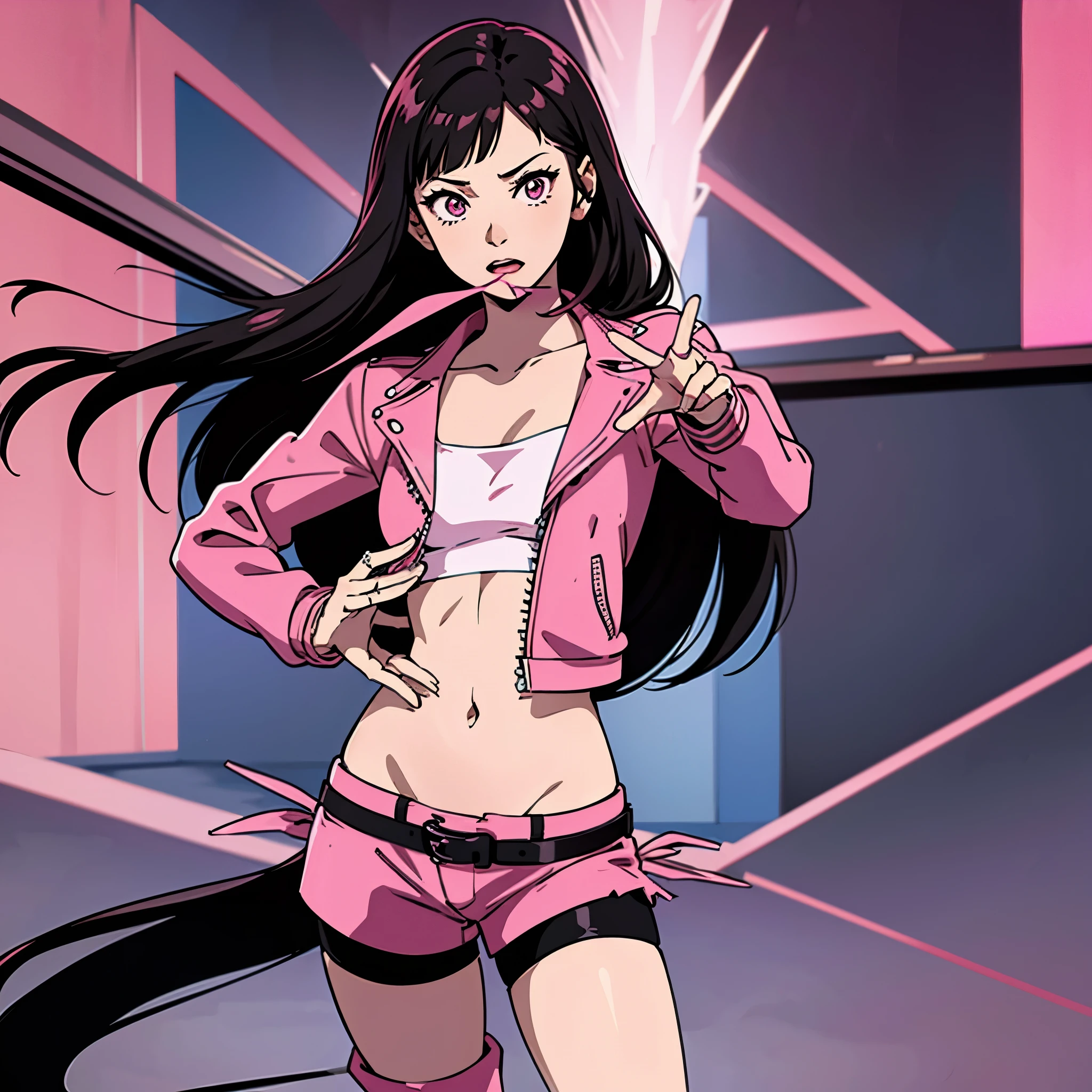 digital art drawing, illustration of (girl, long dark black hair mid part, brown eyes, sexy facial expression, flat chest, pink leather jacket, pink leather shorts, pink long leather boots, cyberpunk 2077), anime drawing/art, bold linework, illustration, digital art, masterpiece, flat illustration, no shadows, 8k resolution, high detail, vector art, only anime, perfect eyes, perfect hands, perfect fingers, sharpness, high clarity, medium close up, high fidelity
