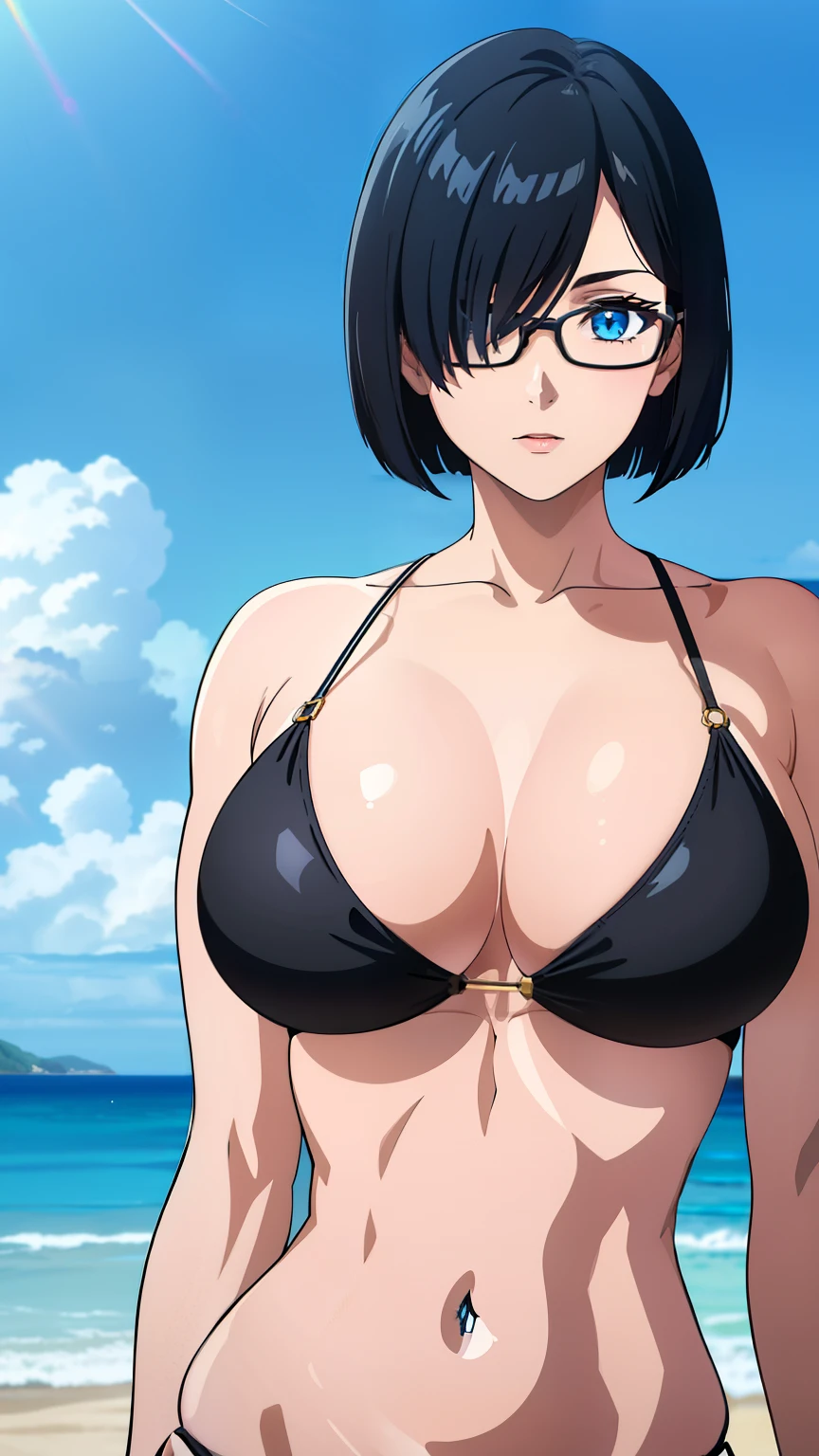 (best quality:1.5, highres, UHD, 4K, detailed lighting, shaders), black hair, bob cut, hair covering one eye, cool woman, cool girl, sharp eyes, blue eyes, with glasses, beautiful, beach background, bikini, large breasts