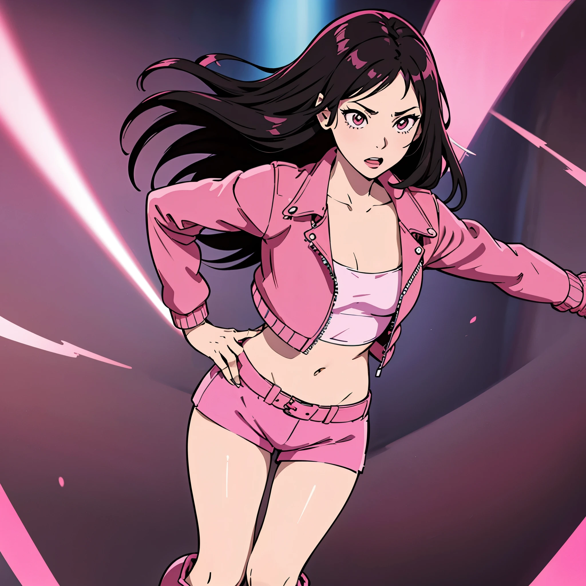 digital art drawing, illustration of (girl, long dark black hair mid part, brown eyes, sexy facial expression, flat chest, pink leather jacket, pink leather shorts, pink long leather boots, cyberpunk 2077), anime drawing/art, bold linework, illustration, digital art, masterpiece, flat illustration, no shadows, 8k resolution, high detail, vector art, only anime, perfect eyes, perfect hands, perfect fingers, sharpness, high clarity, medium close up, high fidelity
