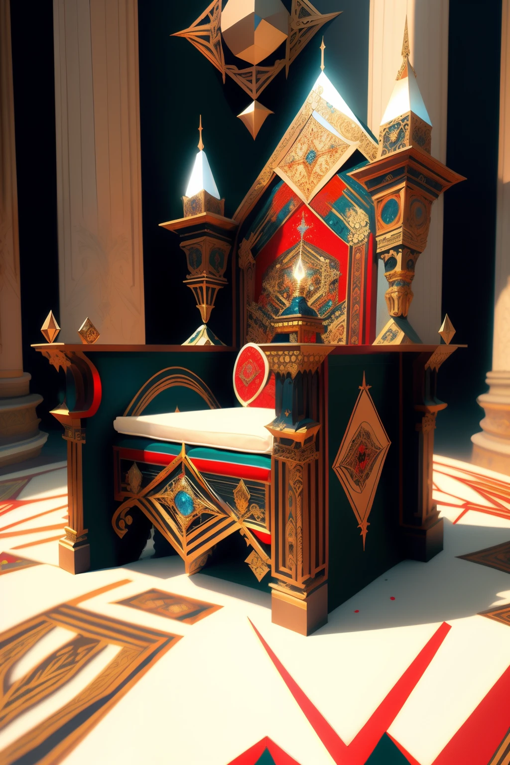 ((best quality)), ((masterpiece)), (detailed), a throne fit for a goddess, Bloodborne inspired, occult aesthetic, occult, detailed and intricate steampunk and detailed gothic, Very dramatic and cinematic lighting, cosmic horror, grim dark, Red and white with a sense of technology,(chaotic geometric images:1.3)