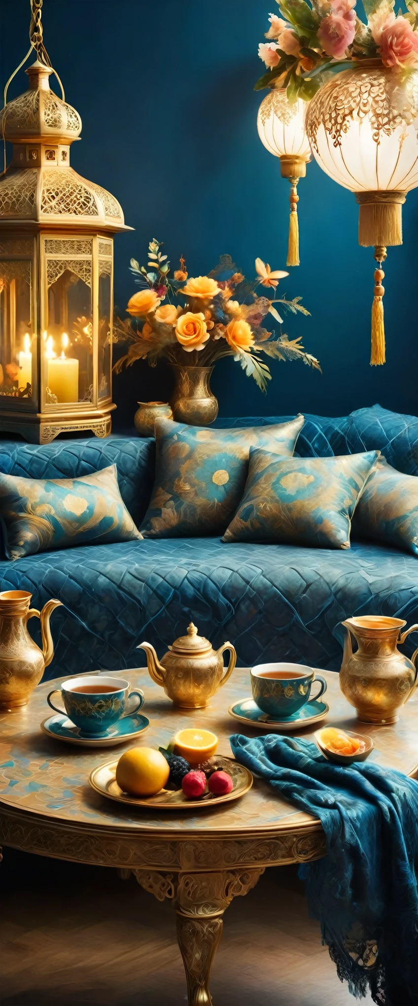 An oriental dining setting with a low table covered in a white lace tablecloth. The table is surrounded by plush cushions and adorned with traditional tea sets, exotic fruits, and flowers. The background is rich in deep blues and golds, with intricate patterns on the walls. The soft light from hanging lanterns creates a serene and luxurious atmosphere.
