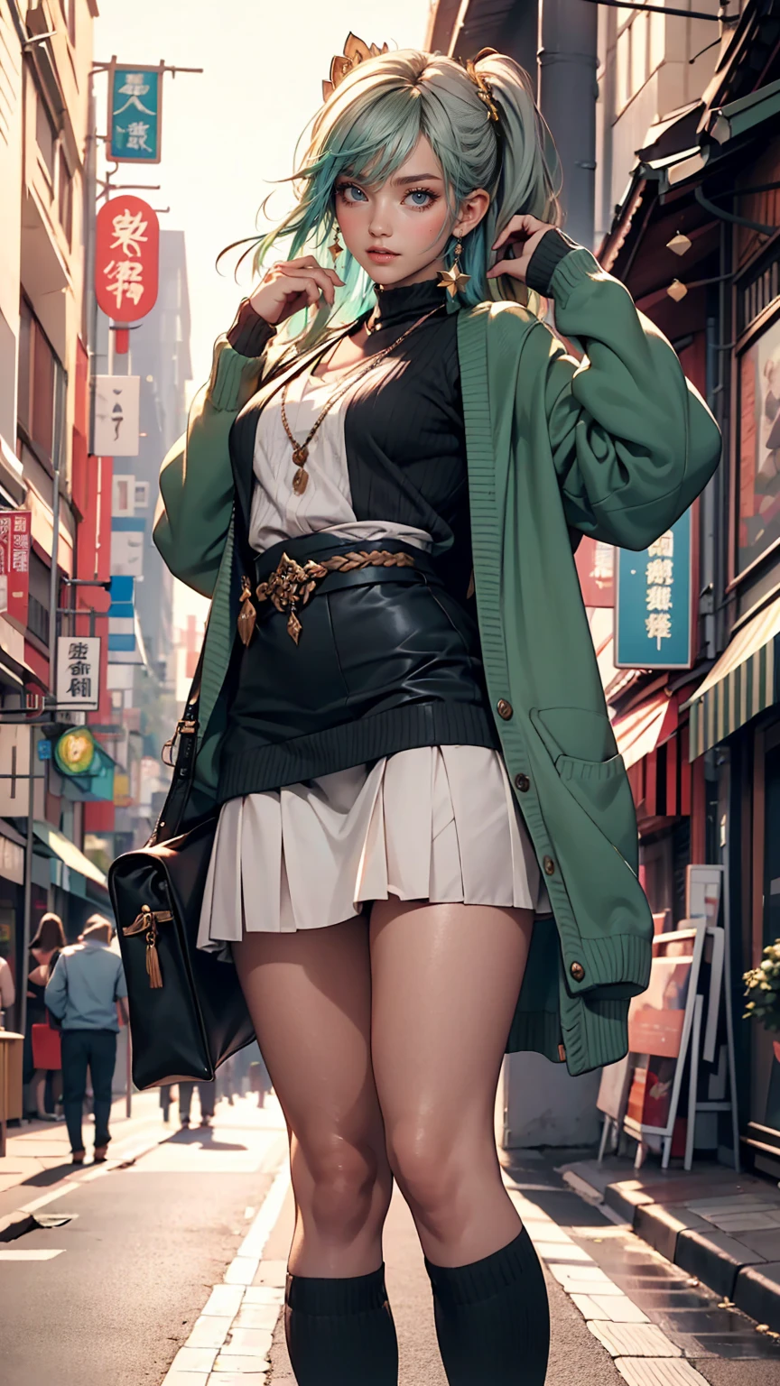 masterpiece , highest quality,Nahida(Genshin Impact) ,One girl , Small breasts,Long Hair ,Side Ponytail, hair ornaments , Gray Hair , Green Hair , Place your hands behind your head:1.5,Multicolored Hair, Fairy , Pointed Ears ,  , skirt ,cardigan,road , street,Looking at the audience