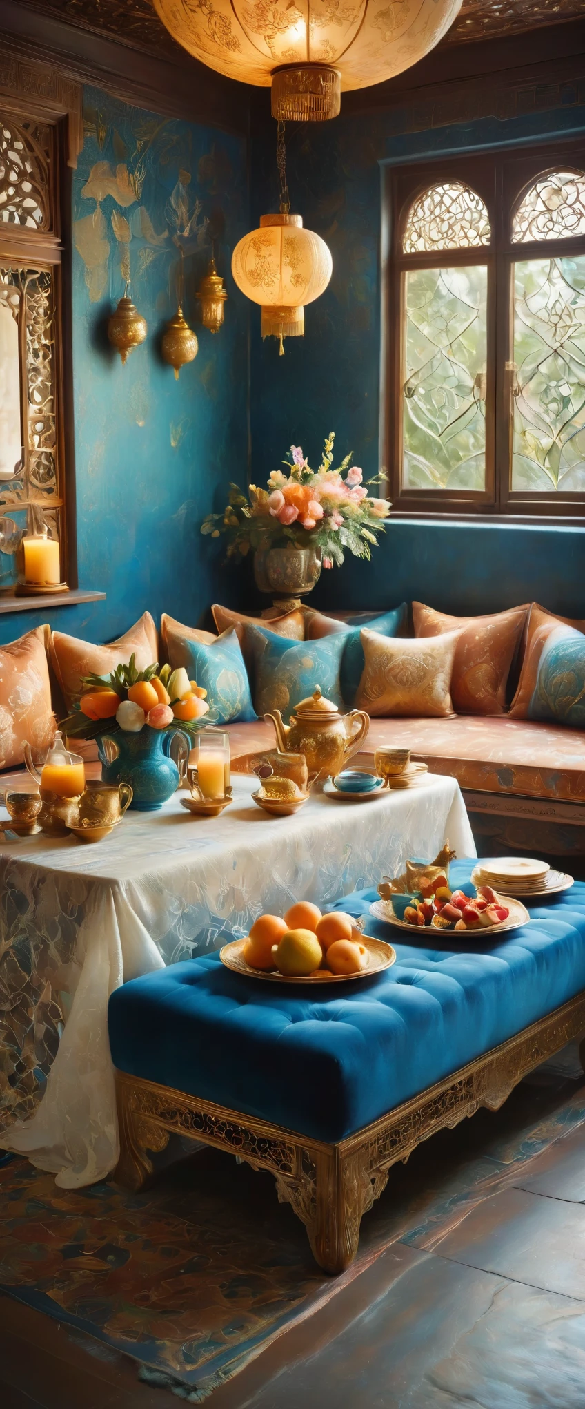 An oriental dining setting with a low table covered in a white lace tablecloth. The table is surrounded by plush cushions and adorned with traditional tea sets, exotic fruits, and flowers. The background is rich in deep blues and golds, with intricate patterns on the walls. The soft light from hanging lanterns creates a serene and luxurious atmosphere.
