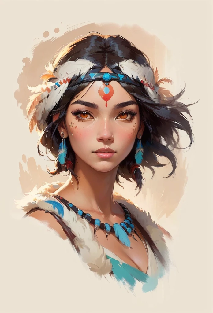 Painting of a woman wearing an Aboriginal headdress and feathers, Beautiful character painting, type germ and atey ghailan, type germ. Anime Illustrations, Artwork in the style of Guweiz, extremely detailed type germ, style of type germ, portrait painted by ross, type germ style, type germ portrait, type germ detailed