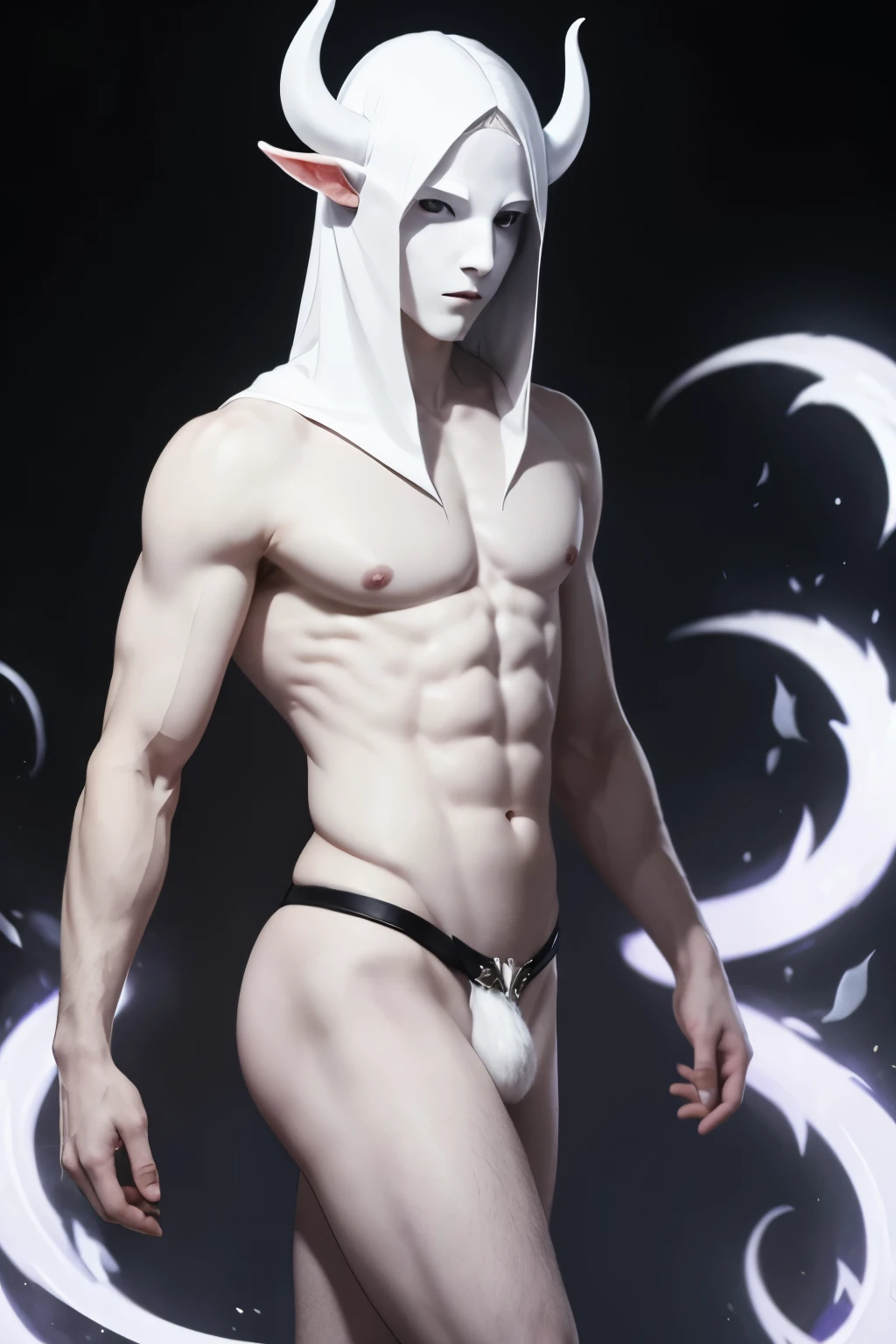 Pale White Skin , White demon horns and tail , with no face, Male