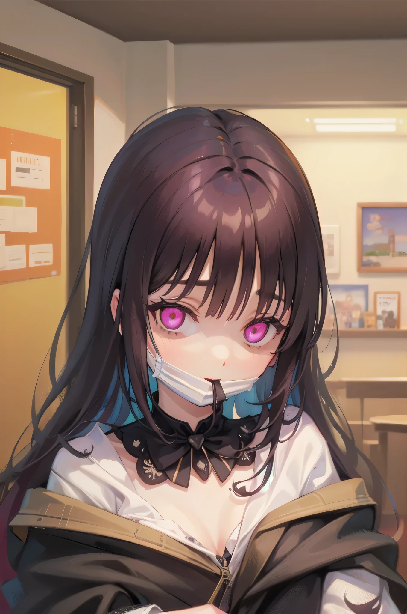 (Tabletop:1.0), (highest quality:1.4), (High resolution:1.2),(Latex lace mouth mask:1.3), Open your mouth,  Sharp contours,  boyish, highest quality, masterpiece,Glasses,Voice of the Heart,Breast milk,yandere,nsfw