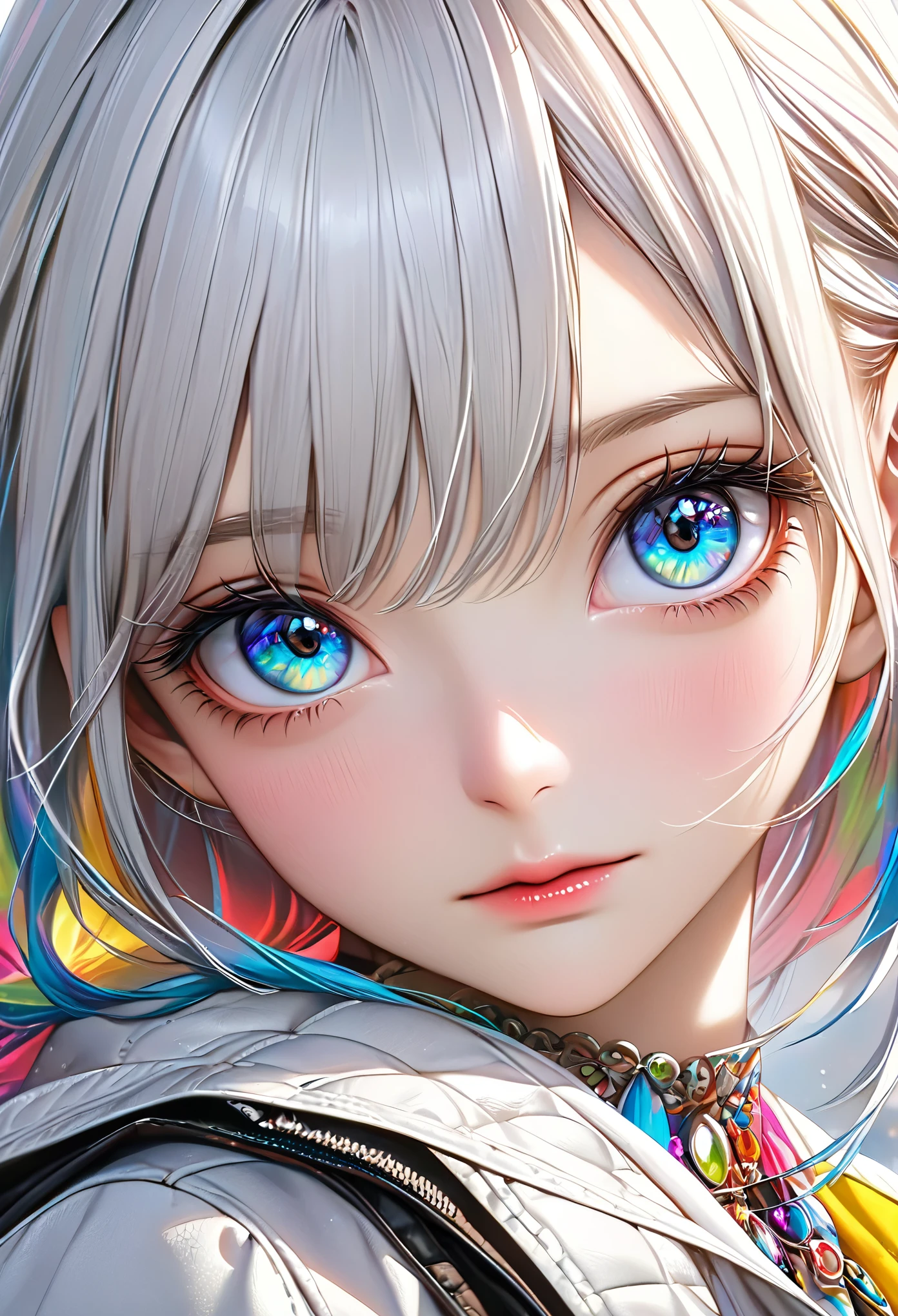 a beautiful girl wearing a white short jacket, detailed portrait with long hair and bangs, following the rule of thirds, detailed jewelry, (best quality,4k,8k,highres,masterpiece:1.2),ultra-detailed,(realistic,photorealistic,photo-realistic:1.37),extremely detailed eyes and face, longeyelashes,highres,detailed,sharp focus,vivid colors