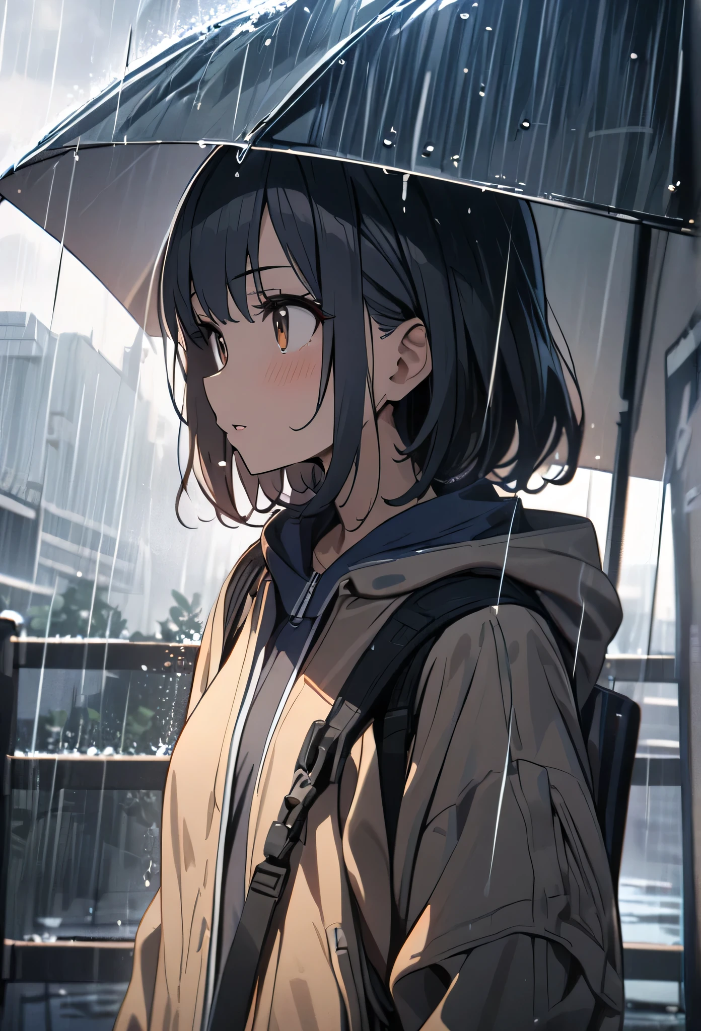 4k, masterpiece, 1girl, standing, raining