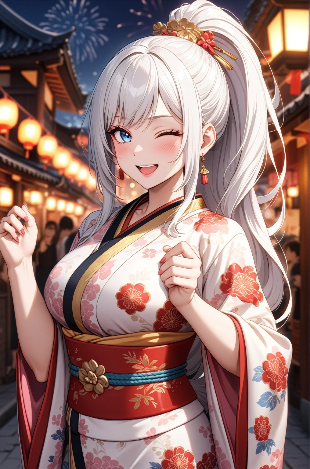 ((one personの女性)), Beautiful Face,Happy expression,Laugh embarrassedly,((Wink:2.0)),turn bright red,Glossy pink lips,French Nails,night,Shrine festival sexpensives,firework, ((Anime style background)),masterpiece, highest quality, so beautiful, Latest, Complex details, (Pink long nails),AI-generated, Complex,High resolution, highest quality, super high quality,3D Images、View your viewers、3D Images,one person,Long white hair,High Ponytail,blue eyes,Anime woman posing for a photo, [[Fine grain、Colorful eyes、Shining Eyes:1.15]],(Squint your eyes:1.1),a hyperRealistic , hyperRealistic , Realistic,Long haired white hair anime woman, Smooth anime CG art, A woman in a colorful kimono with gold embroidery, (Black kimono),Red floral pattern,Long flower hair ornament,Big earrings,Choker with charm,(Big Breasts:1.4),Mature Body,expensive,Big Ass,Fine details,Tight waist,Abdominal muscles,Tilt diagonal background,sit,Sit upright