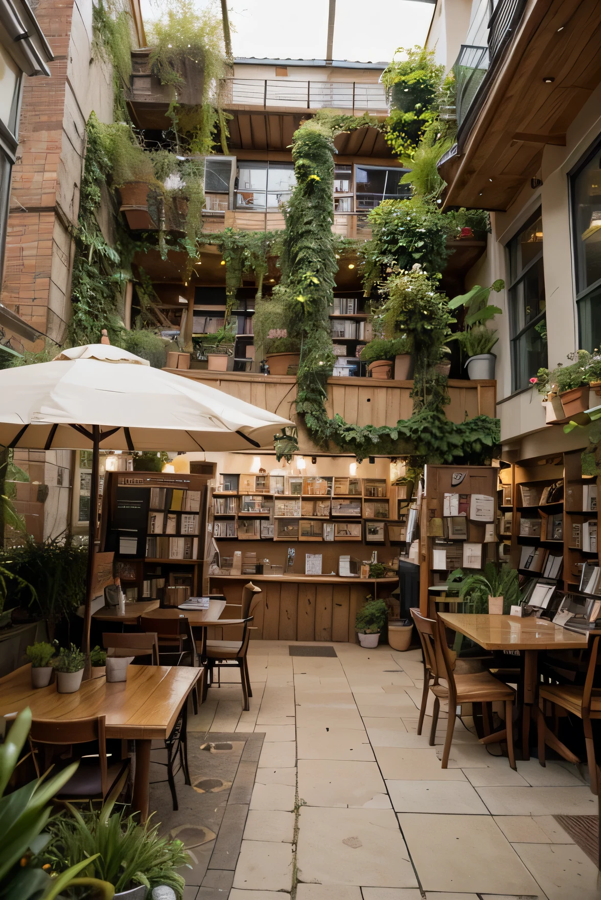 bigger sized bookstore, homey and cozy and with plants, coffee shop store attached to it 