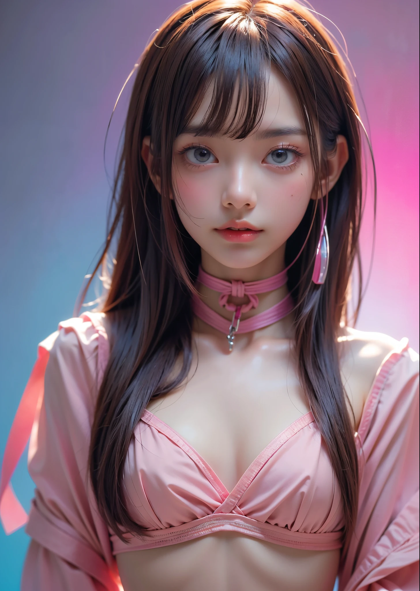 (masterpiece, highest quality, highest quality, Official Art, beautifully、beautiful:1.2)、West Shot Photo、 (Cyberbondage 1 woman)、Big iridescent eyes、Beautiful Skin、Beautiful belly、Represents moderate breast size、（Long hair with pink and blue bangs）、Very detailed,(Light background:1.3)、Perfect lighting、Sharp focus、High resolution、High resolution、High color rendering、High resolution、Ultra-realistic、