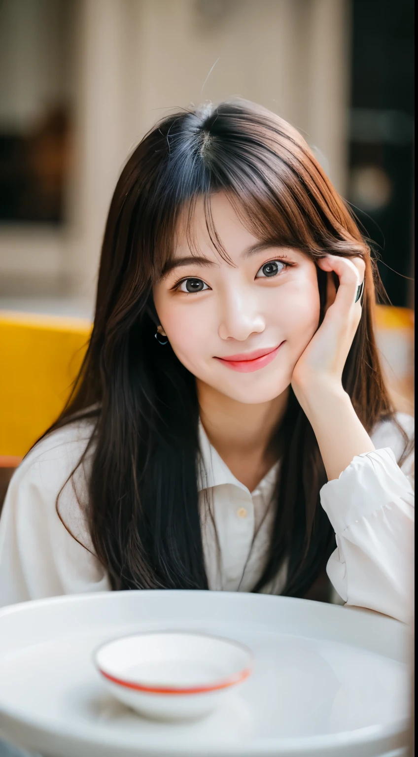 there is a woman with long hair sitting at a table, wan adorable korean face, shot on nikon z9, young adorable korean face, portrait of female korean idol, she has a cute expressive face, young cute wan asian face, captured on canon eos r 6, she has a cute face, shot on canon eos r5, shot on canon eos r 5