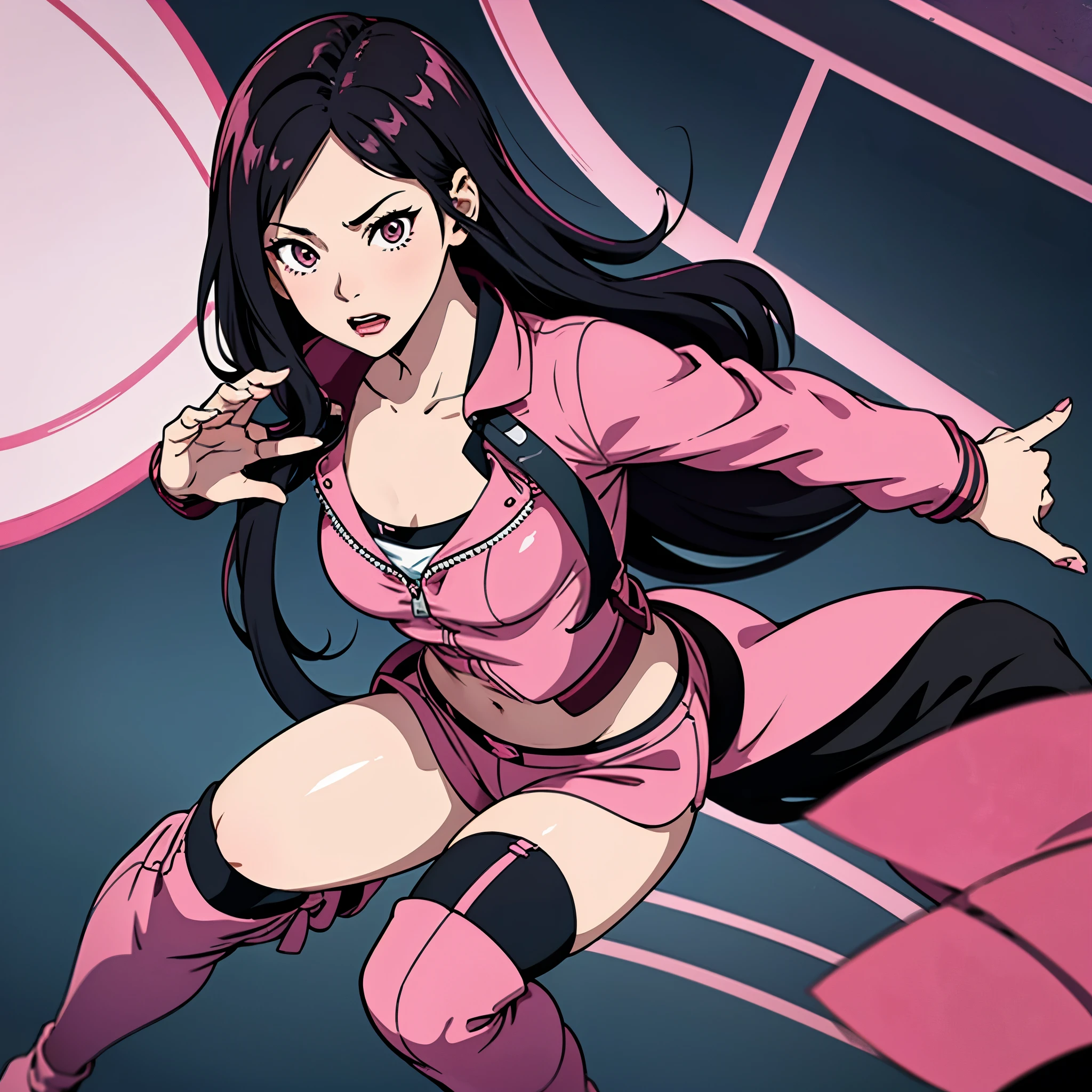 digital art drawing, illustration of (girl, long dark black hair mid part, brown eyes, sexy facial expression, flat chest, pink latex jacket, pink latex shorts, pink long latex boots, cyberpunk 2077), anime drawing/art, bold linework, illustration, digital art, masterpiece, flat illustration, no shadows, 8k resolution, high detail, vector art, only anime, perfect eyes, perfect hands, perfect fingers, sharpness, high clarity, medium close up, high fidelity
