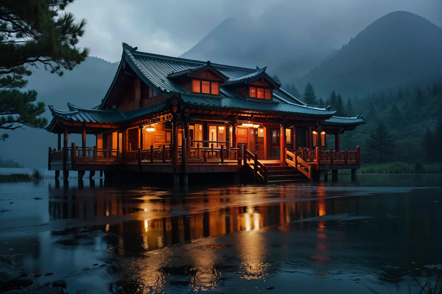 no human,chinese-style archticeture,There was a log cabin with table and chairs in the rain,Outside on rainy days,night rain,Magical environment,Quiet and peaceful atmosphere,In a rainy environment,rainy outside,It rained in the afternoon,Inside on rainy days,rainy days,rainy scene,by Raymond Han,Rain atmosphere,Rainy environment,Rain mood,rainy evening,Atmospheric fantasy setting