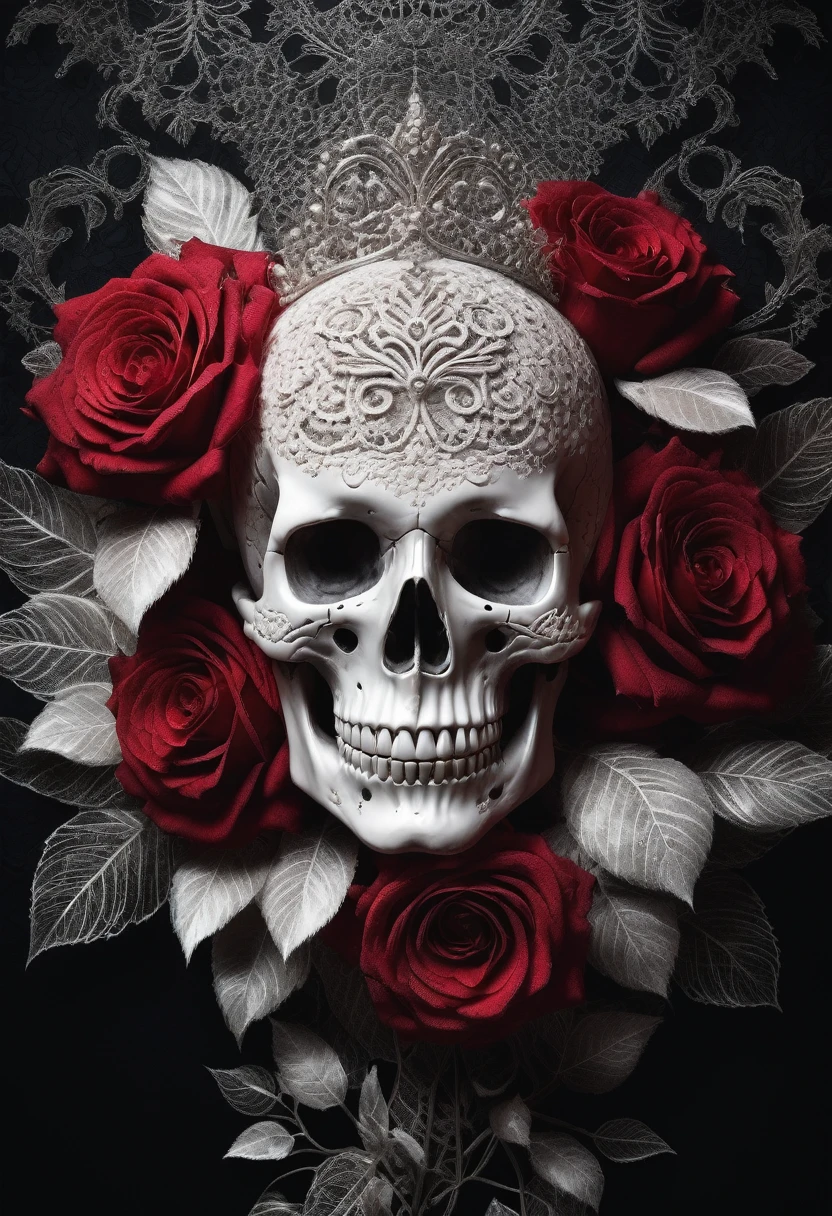 White Lace, a white lace rose, intricate lace skull pattern, dark red solid background, extremely detailed, (best quality,4k,8k,highres,masterpiece:1.2),ultra-detailed,(realistic,photorealistic,photo-realistic:1.37),HDR,UHD,studio lighting,ultra-fine painting,sharp focus,physically-based rendering,extreme detail description,professional,vivid colors,bokeh,horror,dark,moody,dramatic lighting