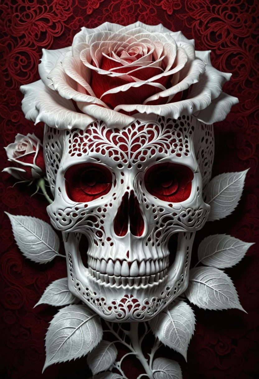 White Lace, a white lace rose, intricate lace skull pattern, dark red solid background, extremely detailed, (best quality,4k,8k,highres,masterpiece:1.2),ultra-detailed,(realistic,photorealistic,photo-realistic:1.37),HDR,UHD,studio lighting,ultra-fine painting,sharp focus,physically-based rendering,extreme detail description,professional,vivid colors,bokeh,horror,dark,moody,dramatic lighting