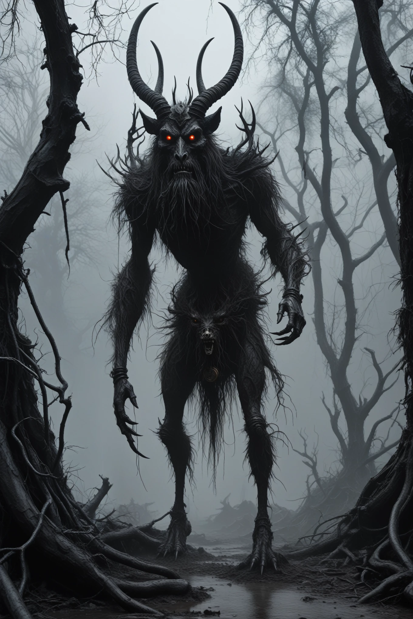 steampunk  fantasy, charocoal wendigo Krampus made of dead plants , black and white color mechanical clockwork Carnival Row city, ominous landscapes, glowing, cinematic,ruined,ruined theme,lots of dust,amazon,full body length,once pretty face,full body length shot, eerie atmosphere, foggy, ethereal presence,  swirling mists, supernatural entities, demonic essence, shadowy forms,   dark and twisted branches, macabre elements, otherworldly beauty，Complicated details，Exquisite features,Surreal atmosphere,Carnival Row city,like Stone Forest in Yunnan Province of Zambia,Simon Stalenhag,Nicola Samori,Wangechi Mutu,intricate details,realism,realistic,extremely detailed,masterpiece,intricate details,eyes extremely detailed, high detailed eyes,32k resolution, Nikon Z9