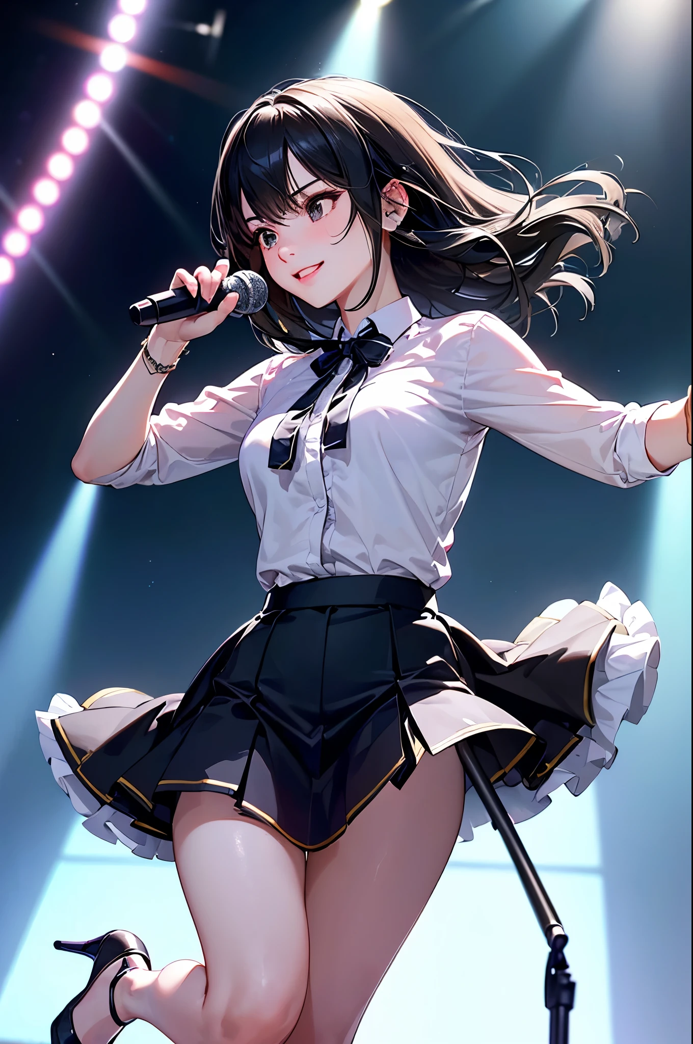 ((Biologically correct limb count))、(( Illustrations including faces))、4K、Masterpiece、((Focus on the face))、((Symmetrical, well-proportioned facial features))、Eyes with delicate depictions、Beautiful woman、Outstanding style、Slender Body、(shirt、High heels、((skirt)))、(Looking up、smile)、((Upper body close-up))、The background is a concert hall、((Realistic photo))、profile、((Fantastic photos)))、live、Idol、Hold the microphone on both ends、spotlight in the dark