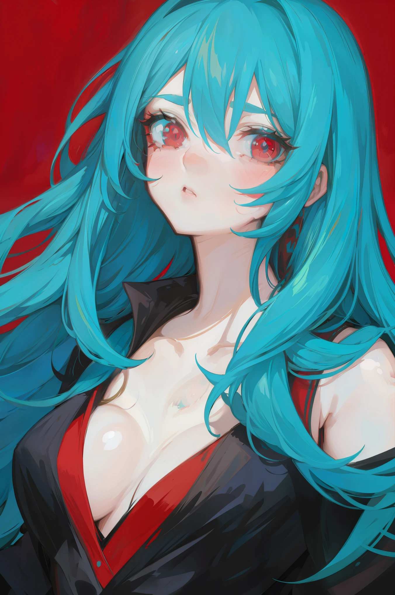 Young woman, Upper body, big face. turquoise hair, Red eyes, black , simple red background.
