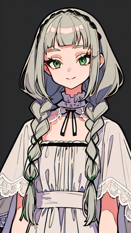 Ultra-precision,masterpiece, highest quality,One Girl,beautiful girl,-yeld gi(look at me),Pretty face,((Gray Hair)),Soft braids,(Green Eyes),Detailed slanted eyes,Long eyelashes,smile,lace nightgown,Short neck,Slim figure,Simple Background,
