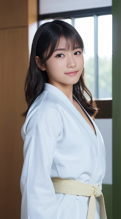 A 20-year-old woman with the cute face of an idol who looks 15 years old.。Gentle and cute。Please smile kindly。She is wearing white underwear and a white bathrobe.　Bust is larger　She is in a school classroom　Raw photo　real　genuine　High definition　real life　No copyright notice