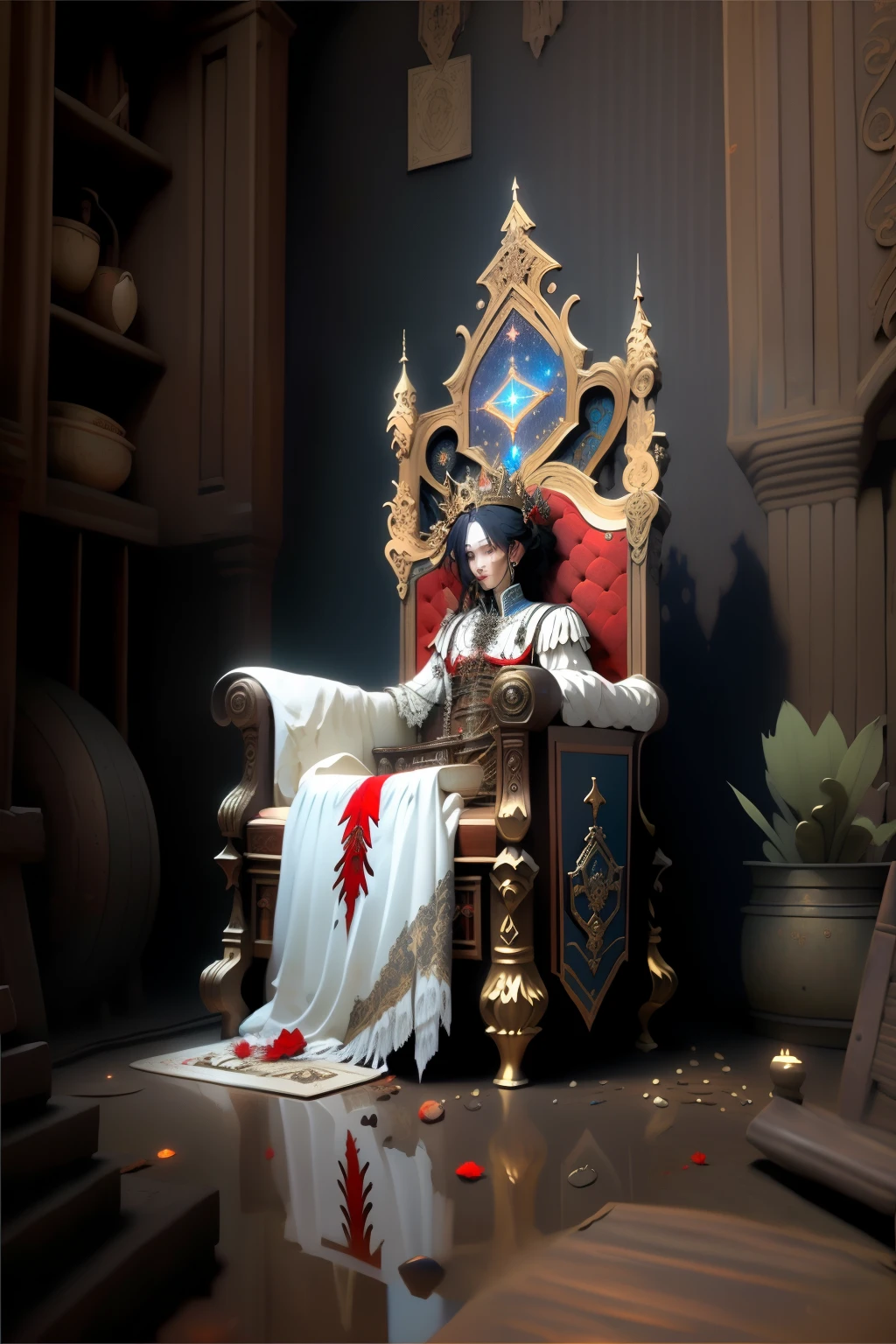 ((best quality)), ((masterpiece)), (detailed), a throne fit for a goddess, Bloodborne inspired, occult aesthetic, occult, detailed and intricate steampunk and detailed gothic, Very dramatic and cinematic lighting, cosmic horror, grim dark, Red and white with a sense of technology
