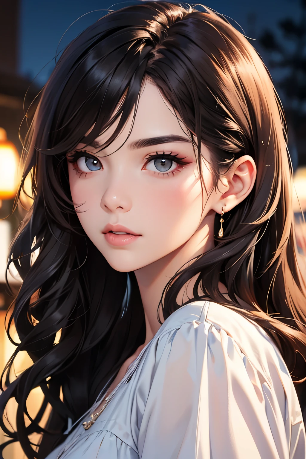 highest quality、High resolution、Detailed Background、(Beautiful face in every detail:1.4)、Anatomically correct、(Detailed facial expressions)、(fine grain:1.2)、Beautiful Madame in her 50s、(Highly detailed face:1.4)、Stroking her hair back、Brown Hair、Long Hair、Wavy Hairstyle、well-groomed eyebrows,eye make up、Lip Makeup、Adult behavior、Night view、Calm atmosphere、(Fits on one screen)