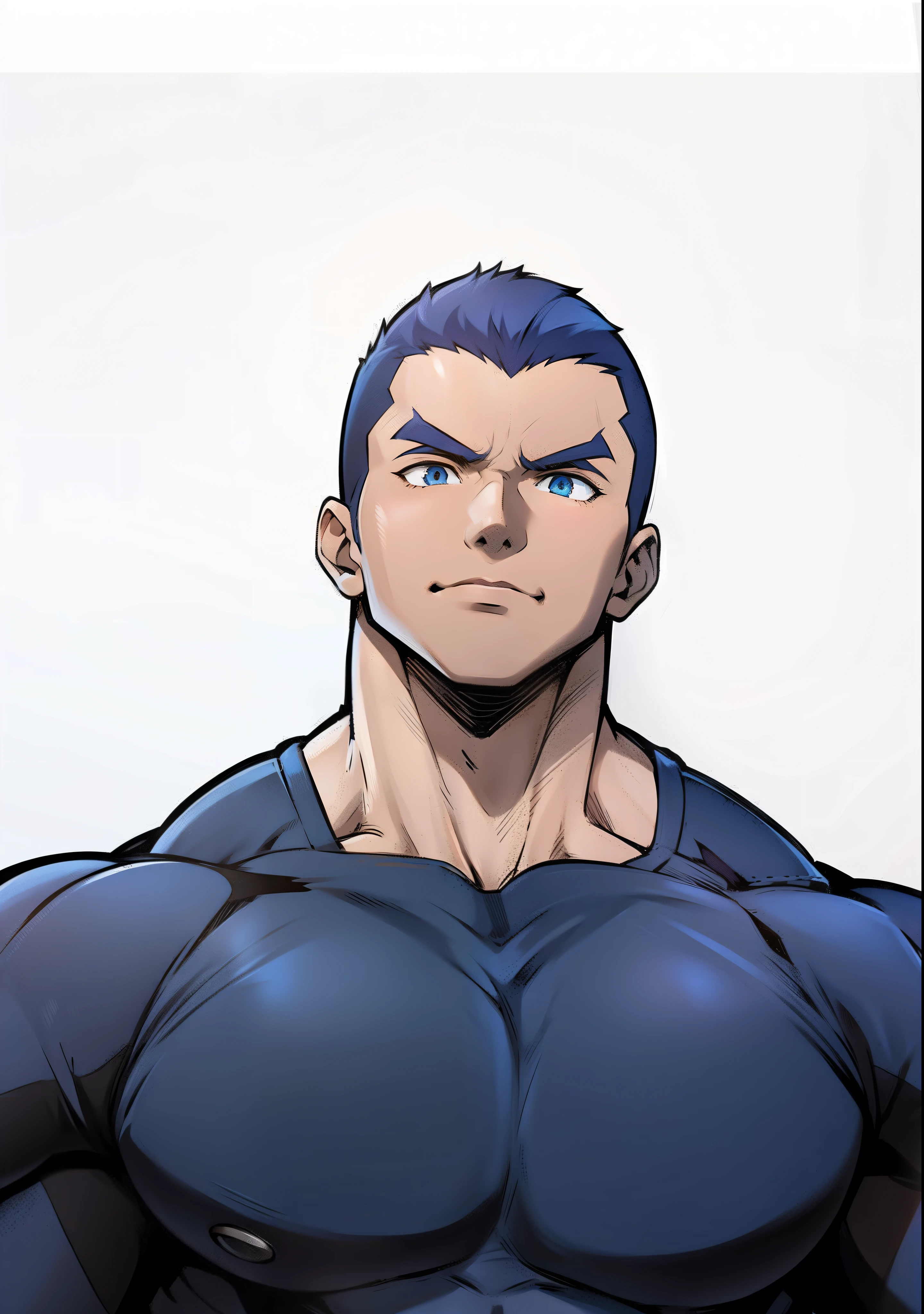 Generates anime-style art images of men with athletic bodies , Short blue hair , blue eyes, Black shirt, Purple pants and anime style art protagonist in 4k hd image