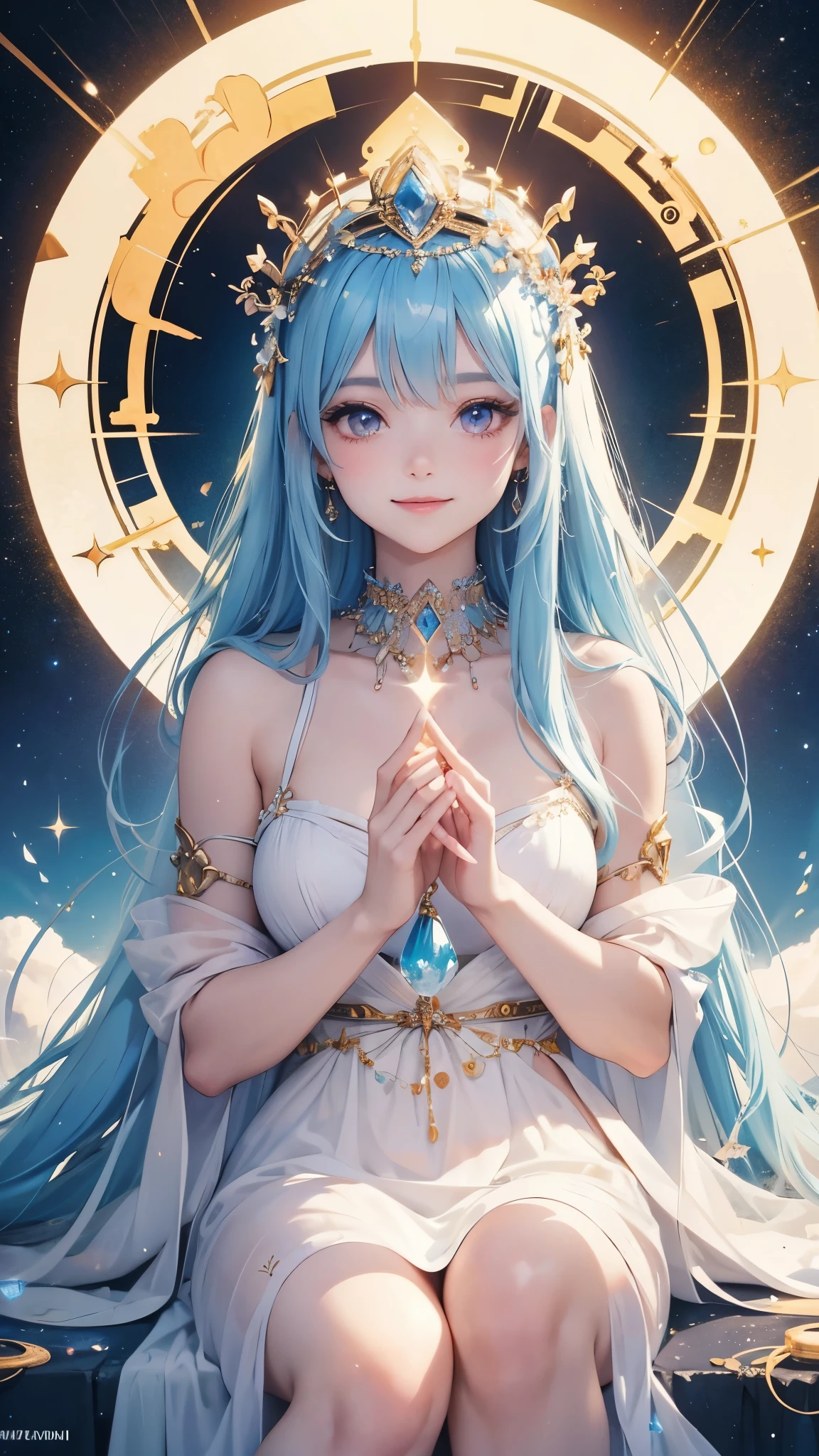 Goddess,Beauty,It will grant your wishes,heavenly landscape,whitish dress,Looking at this.Smiling a little,Holding a large round crystal in both hands,fortune teller