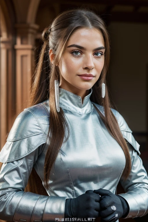 (((medium full shot))), (Masterpiece, photorealistic, photorealism, best quality, ultra-detailed:1.3), (nice hands, perfect hands), official art, cinematic light, (1girl:1.3), adult, long hair, medium breasts, looking at viewer, grey hair, armor, realistic, polearm, gauntlets, spear, weapon, ponytail, pauldrons, smile, gloves, parted lips, holding