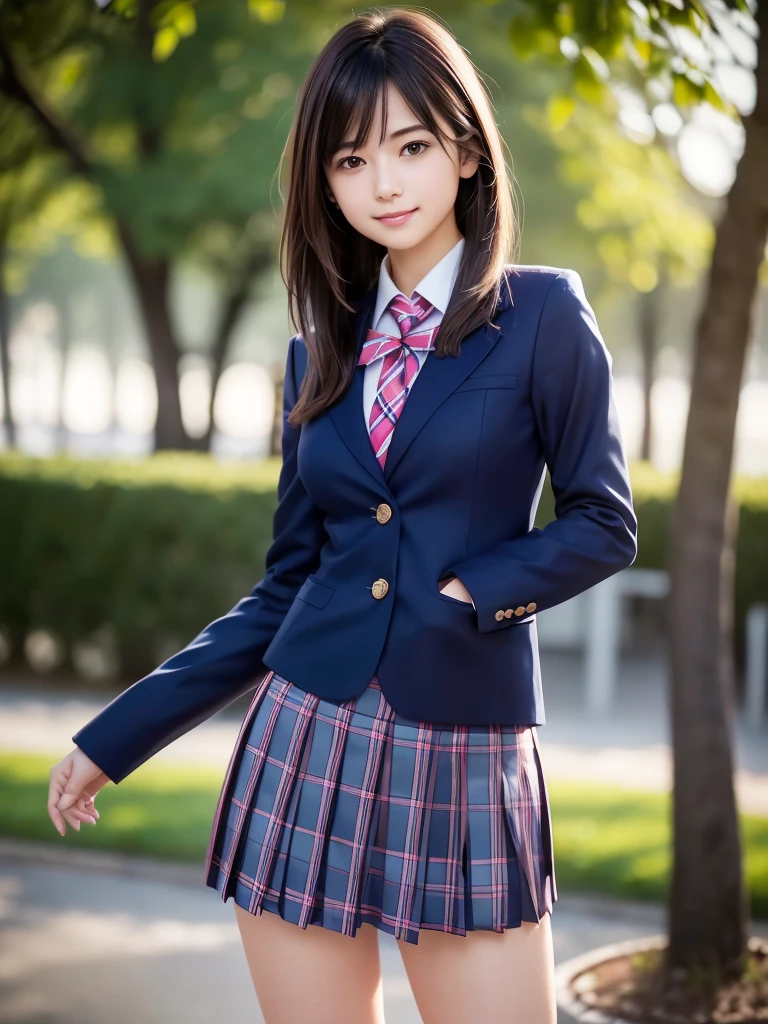 (8k, RAW Photos, highest quality, Tabletop:1.2), (Realistic, Photorealistic:1.4), (Highly detailed 8k wallpaper), Sharp focus, Depth of written boundary,highest quality, Very detailed, Beautiful and detailed, (Brown Hair), Natural color lip, (smile), (Wears a navy blue school blazer uniform:1.3), (Long Bob Hair:1.3), Standing in the park, (The wind is blowing、A navy blue and pink checked miniskirt flips up), 18 year old girl, Backlight