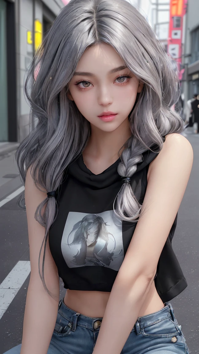 Half body close-up.cute poses,large black wristwatch,Beautiful young woman staring at the camera,sharp eyes,Beautiful eyes,Nineteen years old. cool gray hair,very detailed. My hair is long and wavy.,cute hairstyle, Modern clothes include a black hood.,Overcode, Jean shorts,slight tear,She was standing on a street in the middle of Tokyo..Beautiful face like a goddess,8k,pink lips