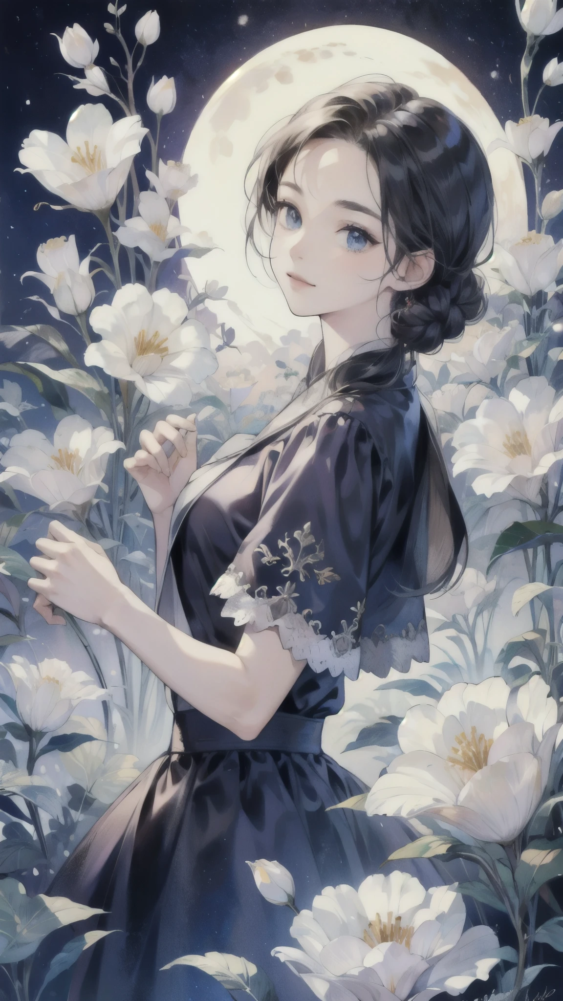 ((best quality)), ((masterpiece)) moon, goddess, flower 