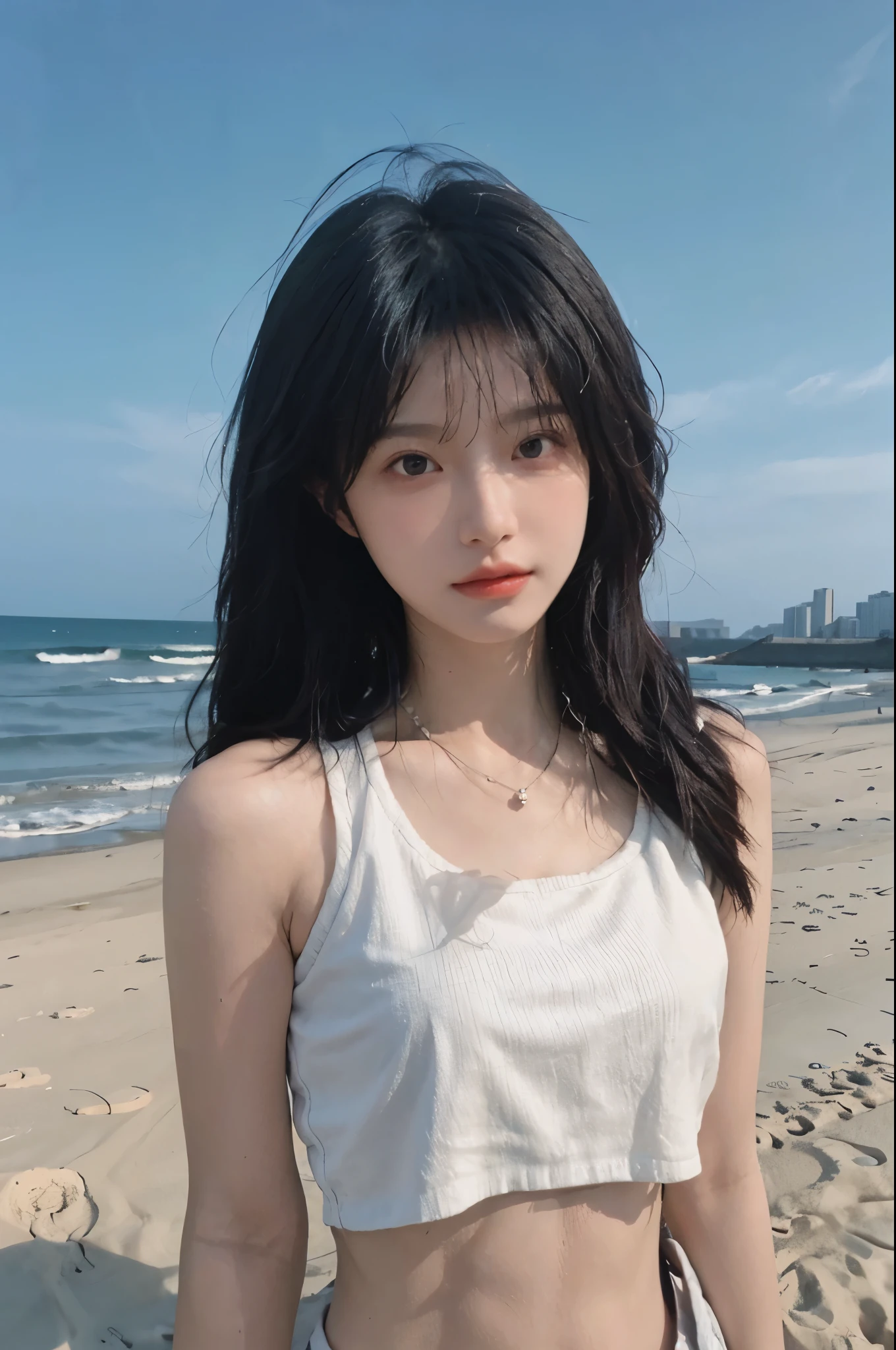 Best quality，Ultra-high resolution，（lifelike：1.4），Cute hairpin，1girll，Long curly hair，jk，Blush，Slim beauty：1.4，Visible abdominal muscles，on the beach，Ultra-fine face，Exquisite eyes，Double eyelids，necklace