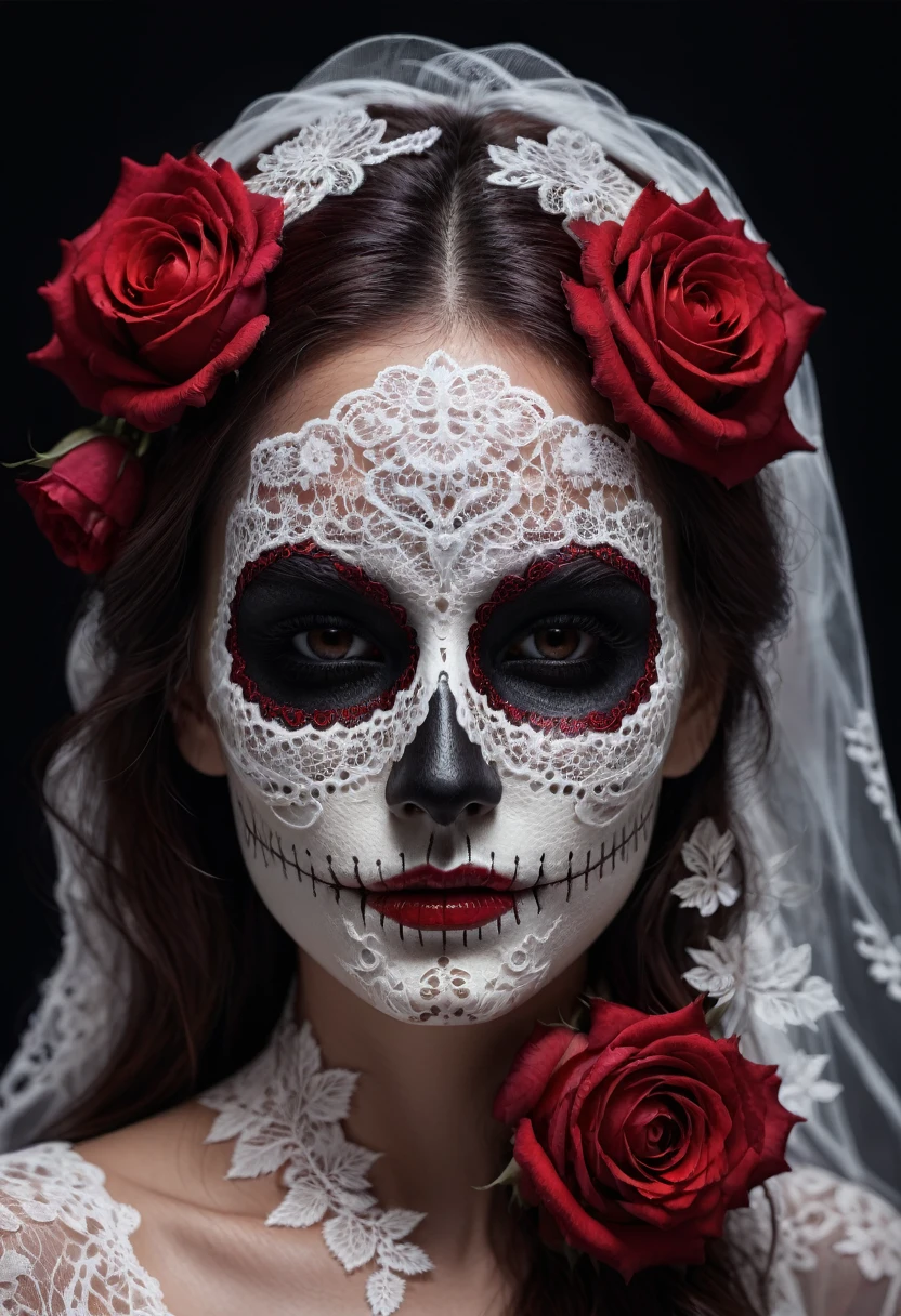 White Lace, a white lace rose, intricate lace skull pattern, dark red solid background, extremely detailed, (best quality,4k,8k,highres,masterpiece:1.2),ultra-detailed,(realistic,photorealistic,photo-realistic:1.37),HDR,UHD,studio lighting,ultra-fine painting,sharp focus,physically-based rendering,extreme detail description,professional,vivid colors,bokeh,horror,dark,moody,dramatic lighting