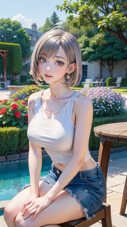 pretty girl、(Narrow eyes、blue eyes、nose、Your lips are beautiful)、smile、Big Breasts、Focus on the arms、Focus on the hands、Focus on your fingers、Silver blonde short bob、Smooth Skin、(White tank top、Blue shorts)、Earrings、 Natural beauty、garden、blue sky、(Rose Garden、Red and white)、Scenery of a park with seasonal flowers in full bloom、There are chairs and a table、Knee-high shot, looking at the camera、( highest quality、High resolution, 8k, masterpiece),