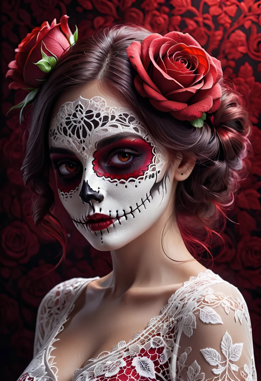 White Lace, a white lace rose, intricate lace skull pattern, dark red solid background, extremely detailed, (best quality,4k,8k,highres,masterpiece:1.2),ultra-detailed,(realistic,photorealistic,photo-realistic:1.37),HDR,UHD,studio lighting,ultra-fine painting,sharp focus,physically-based rendering,extreme detail description,professional,vivid colors,bokeh,horror,dark,moody,dramatic lighting