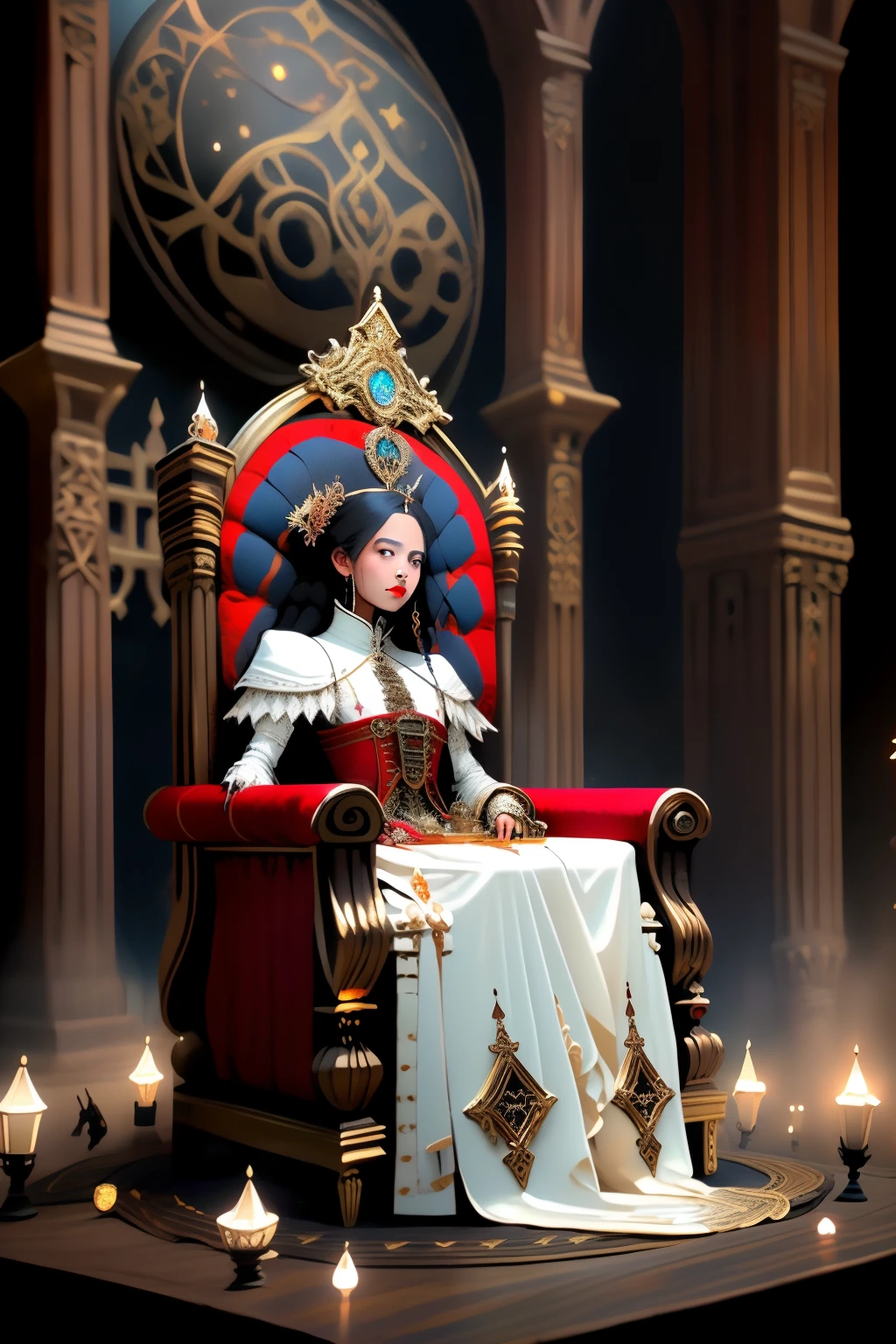 ((best quality)), ((masterpiece)), (detailed), a throne fit for a goddess, Bloodborne inspired, occult aesthetic, occult, detailed and intricate steampunk and detailed gothic, Very dramatic and cinematic lighting, cosmic horror, grim dark, Red and white with a sense of technology