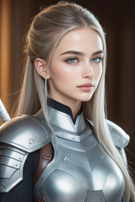 (((medium full shot))), (Masterpiece, photorealistic, photorealism, best quality, ultra-detailed:1.3), (nice hands, perfect hands), official art, cinematic light, (1girl:1.3), adult, long hair, medium breasts, looking at viewer, grey hair, armor, realistic, polearm, gauntlets, spear, weapon, ponytail, pauldrons, smile, gloves, parted lips, holding