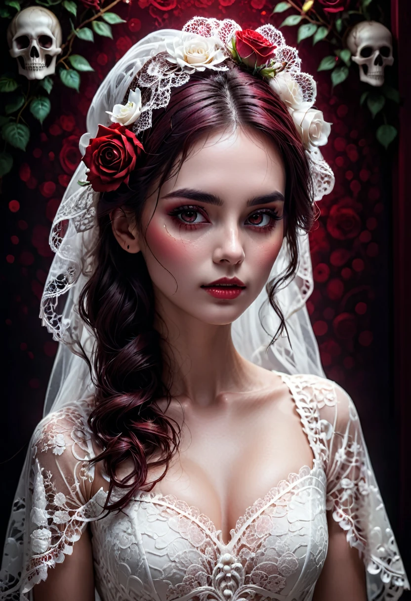 White Lace, a white lace rose, intricate lace skull pattern, dark red solid background, extremely detailed, (best quality,4k,8k,highres,masterpiece:1.2),ultra-detailed,(realistic,photorealistic,photo-realistic:1.37),HDR,UHD,studio lighting,ultra-fine painting,sharp focus,physically-based rendering,extreme detail description,professional,vivid colors,bokeh,horror,dark,moody,dramatic lighting