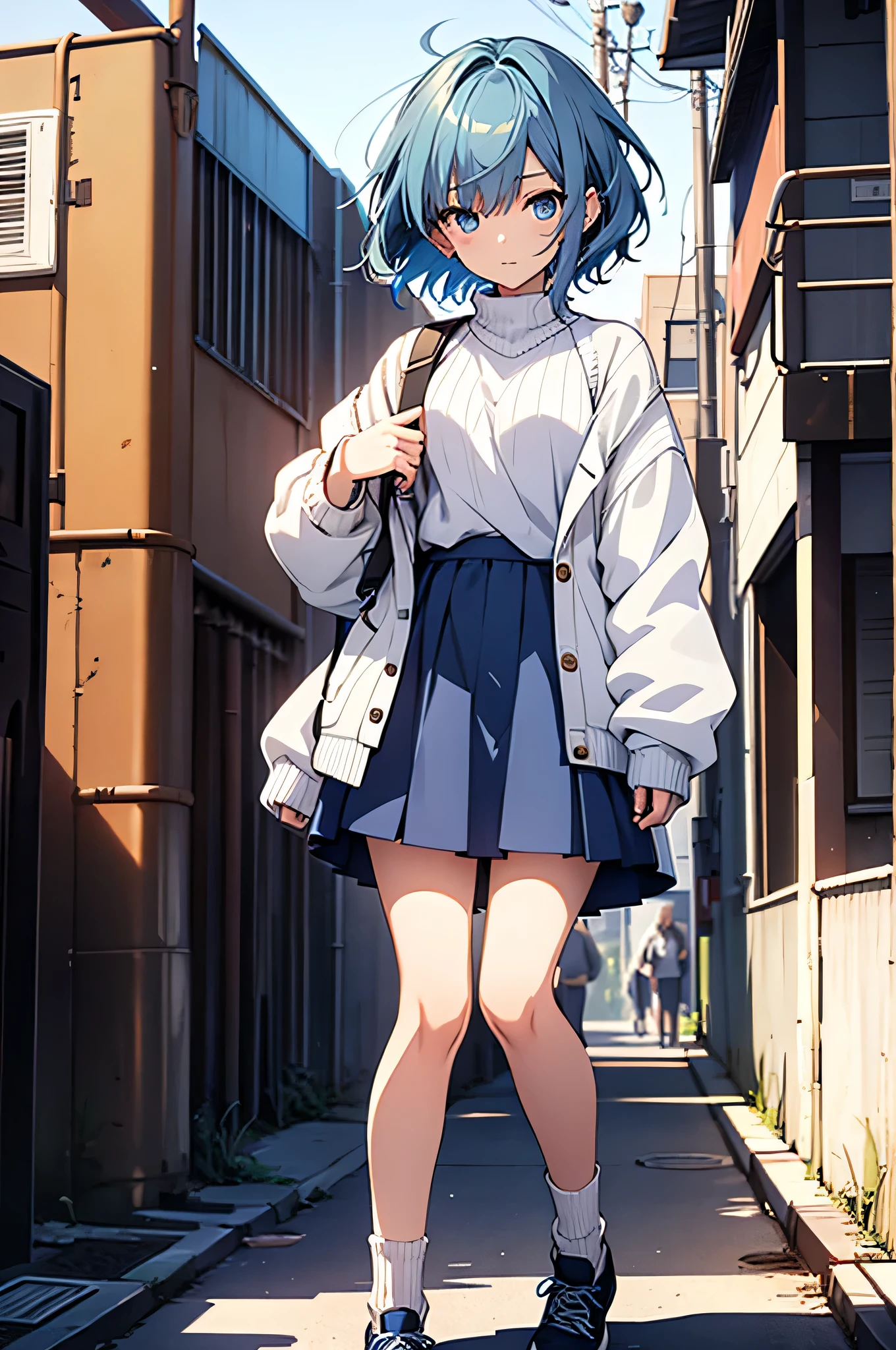 1girl, anime girl, blue hair, short hair, blue eyes, white sweater, blue skirt, short skirt, shoes, black sock, long sock, full body, blank background