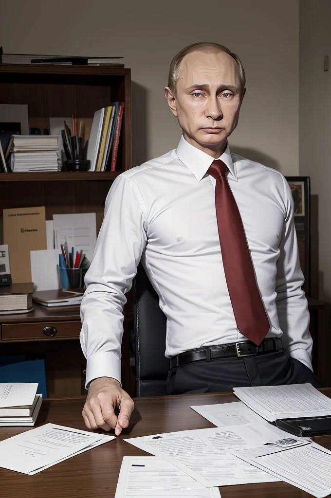 A Putin in a state of shock or surprise. On his head, his white short hair sticks out in all directions. Putin is in office, with a table in front of his littered with items, such as sheets of paper, colored pencils, different pens and other stationery little things. Putin is dressed in a white shirt, the collar of the shirt is unbuttoned, and the red tie is lying on the table. Background is black. The overall atmosphere of the image is chaotic, emphasizing the Putin's exaggerated expression.